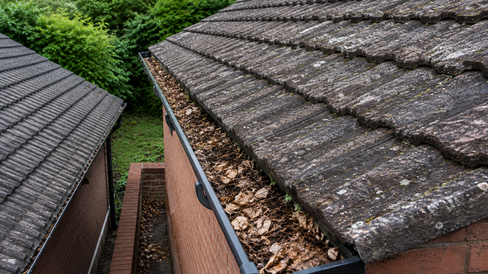 Before autumn gutter cleaning - gutter blocked with wet leaves and moss in Birmingham