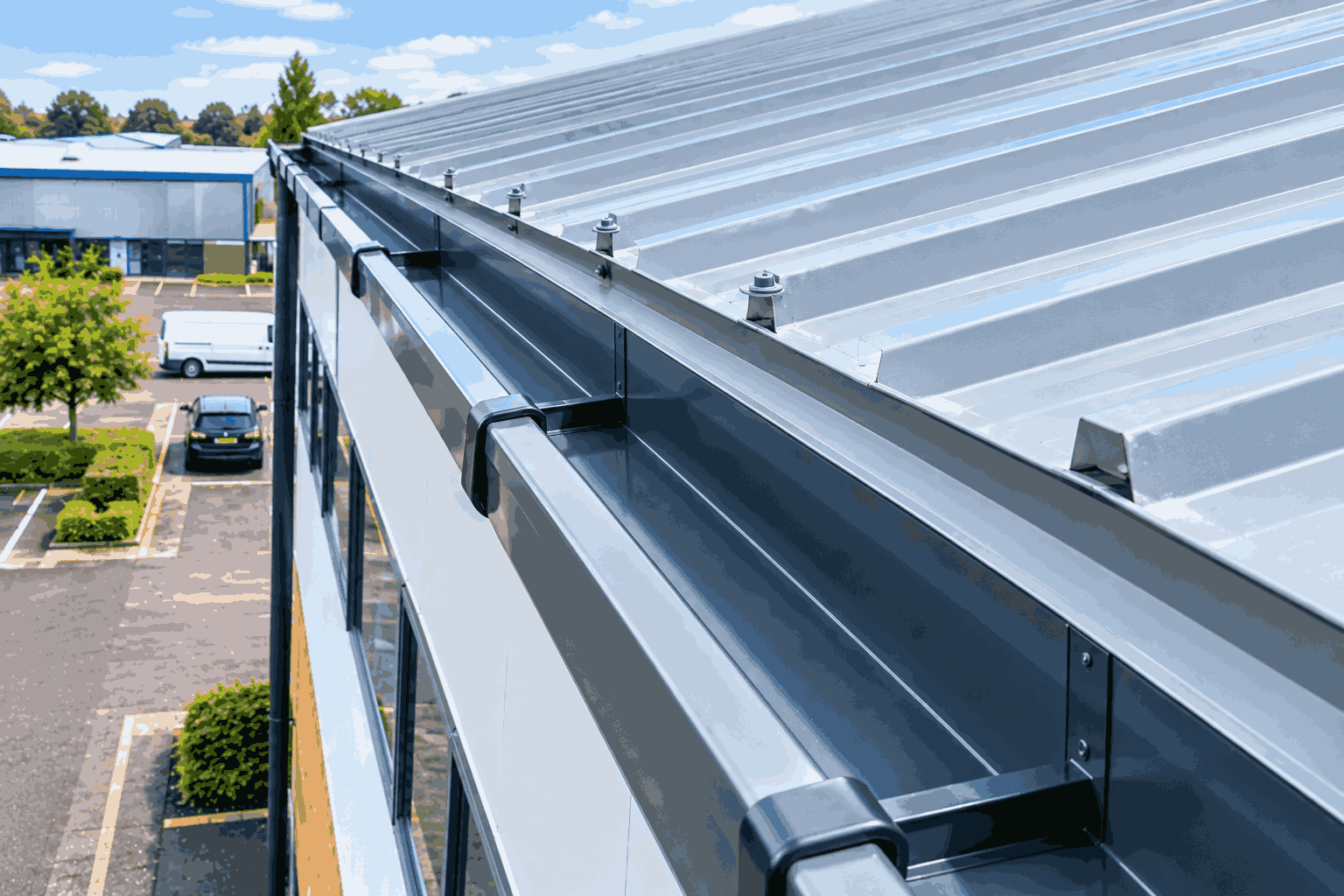 Commercial gutter completely cleared down to bare channel after high-suction vacuuming