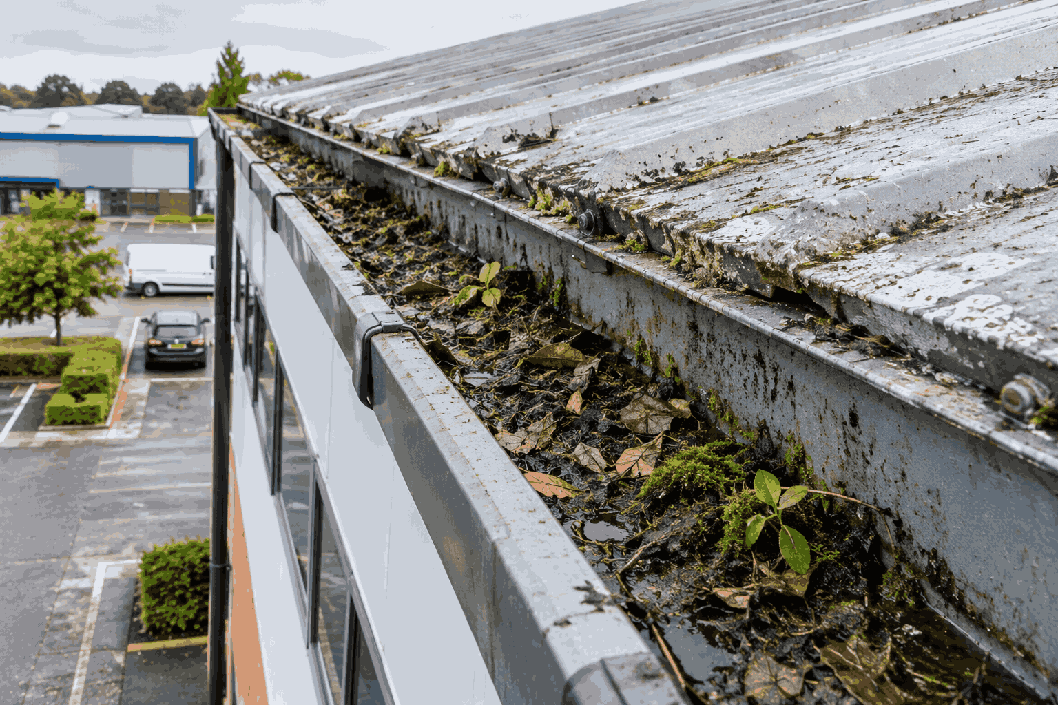 Commercial school gutter choked with silt, balls and vegetation before cleaning
