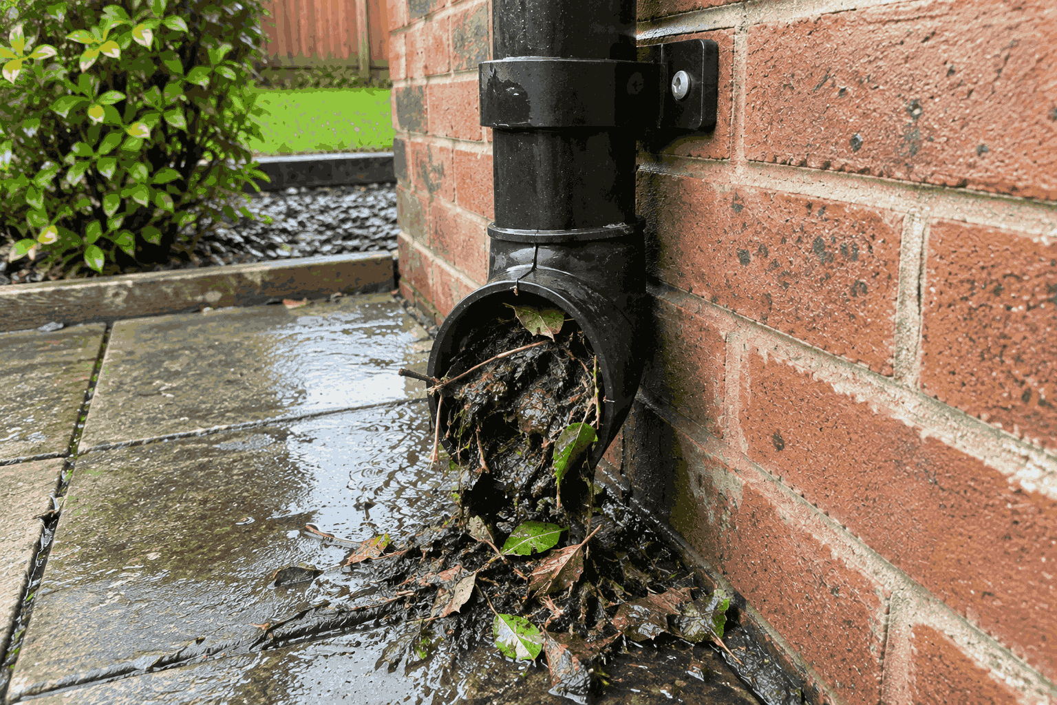 Blocked downpipe choked with leaf mulch, roots and standing water
