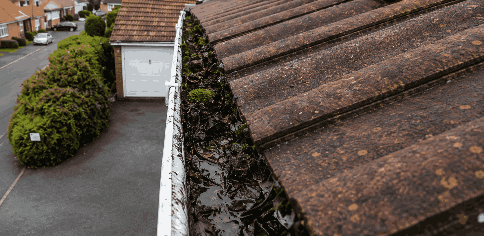 Neglected roofline with blocked gutter and stained fascia board in Birmingham