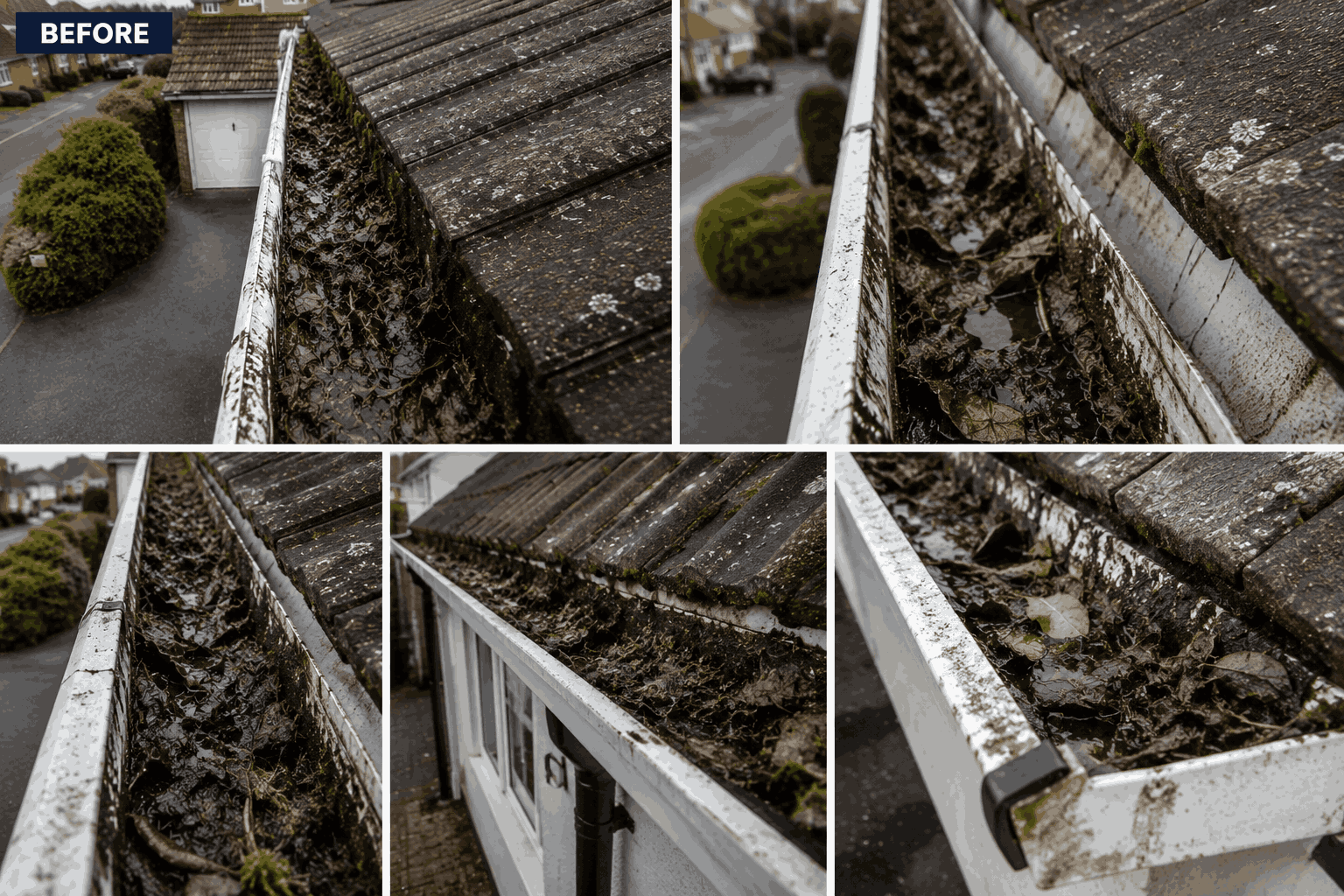 Camera view inside a bungalow gutter before cleaning showing debris in Birmingham