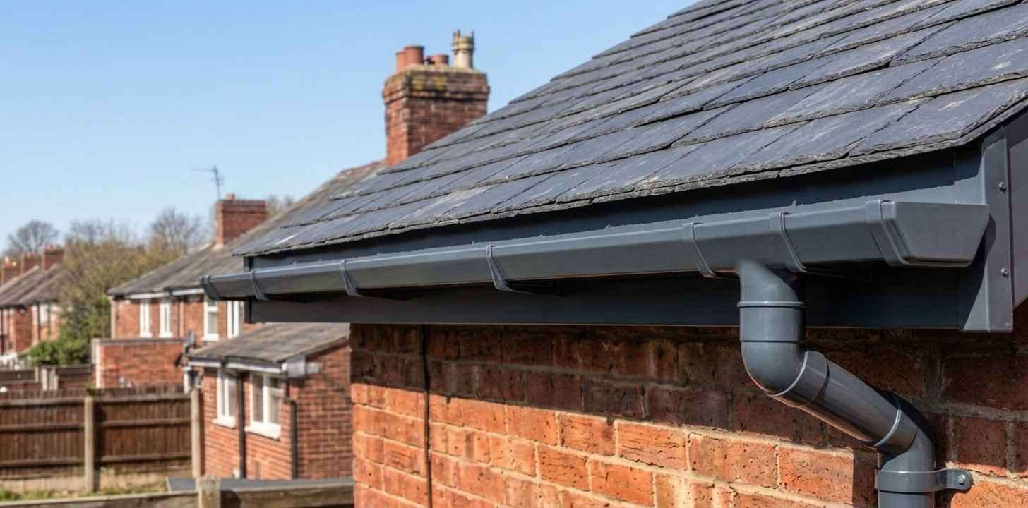 Clean repaired gutter joint with new union bracket and sealant tested watertight