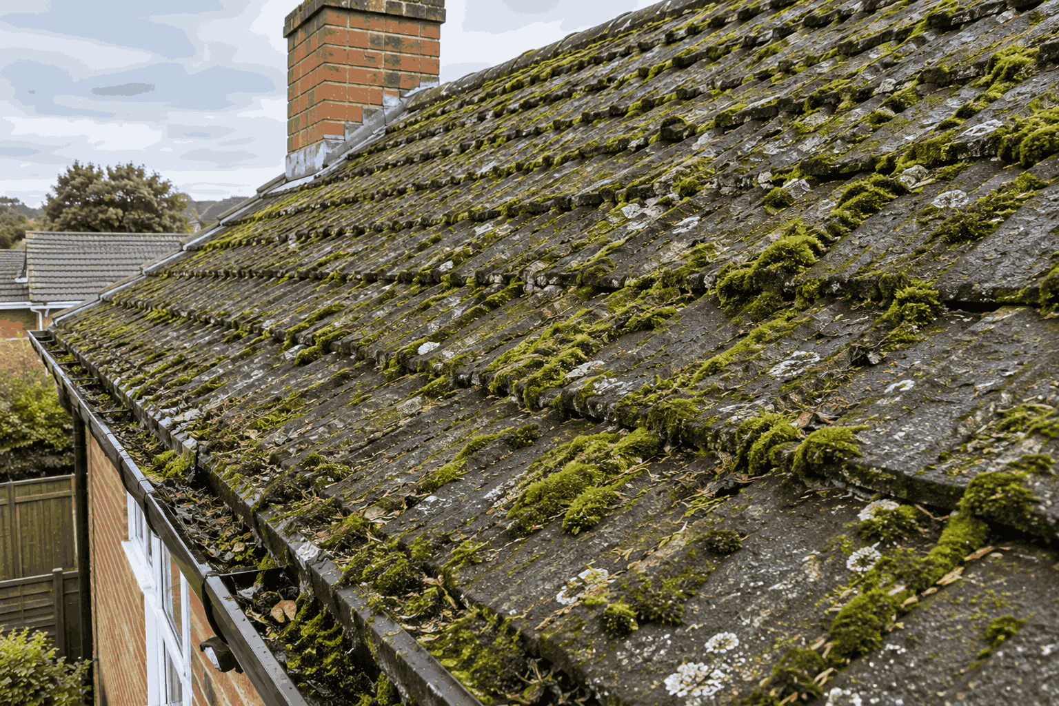 Roof tiles heavily laden with moss before clearing