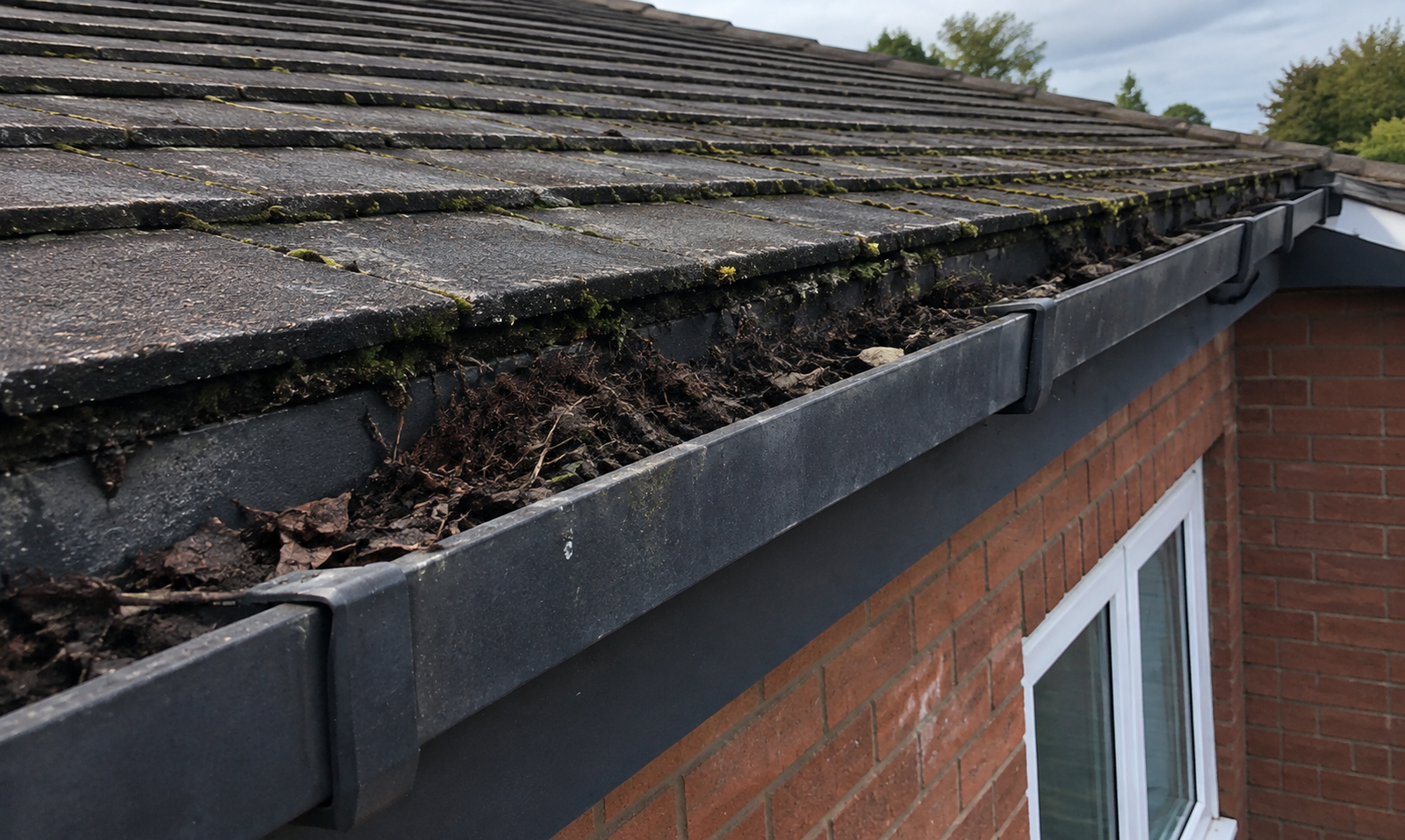 Before spring gutter cleaning - winter silt, moss and weeds in gutter